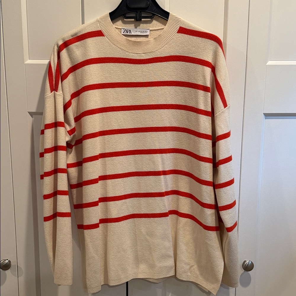 Zara Women’s Striped Crewneck Sweater in Cream and Red